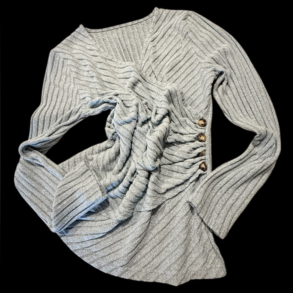 Pale Blue Ribbed Wrap Top with Button Runching - Picture 12 of 13